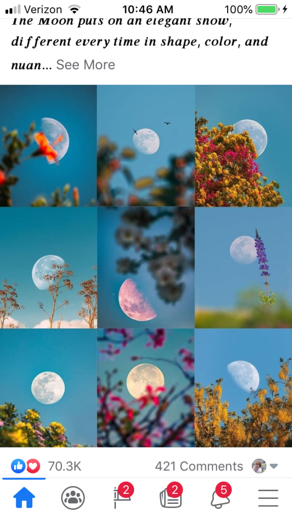 Facebook Feed of a post of multiple images of the moon in different colors.